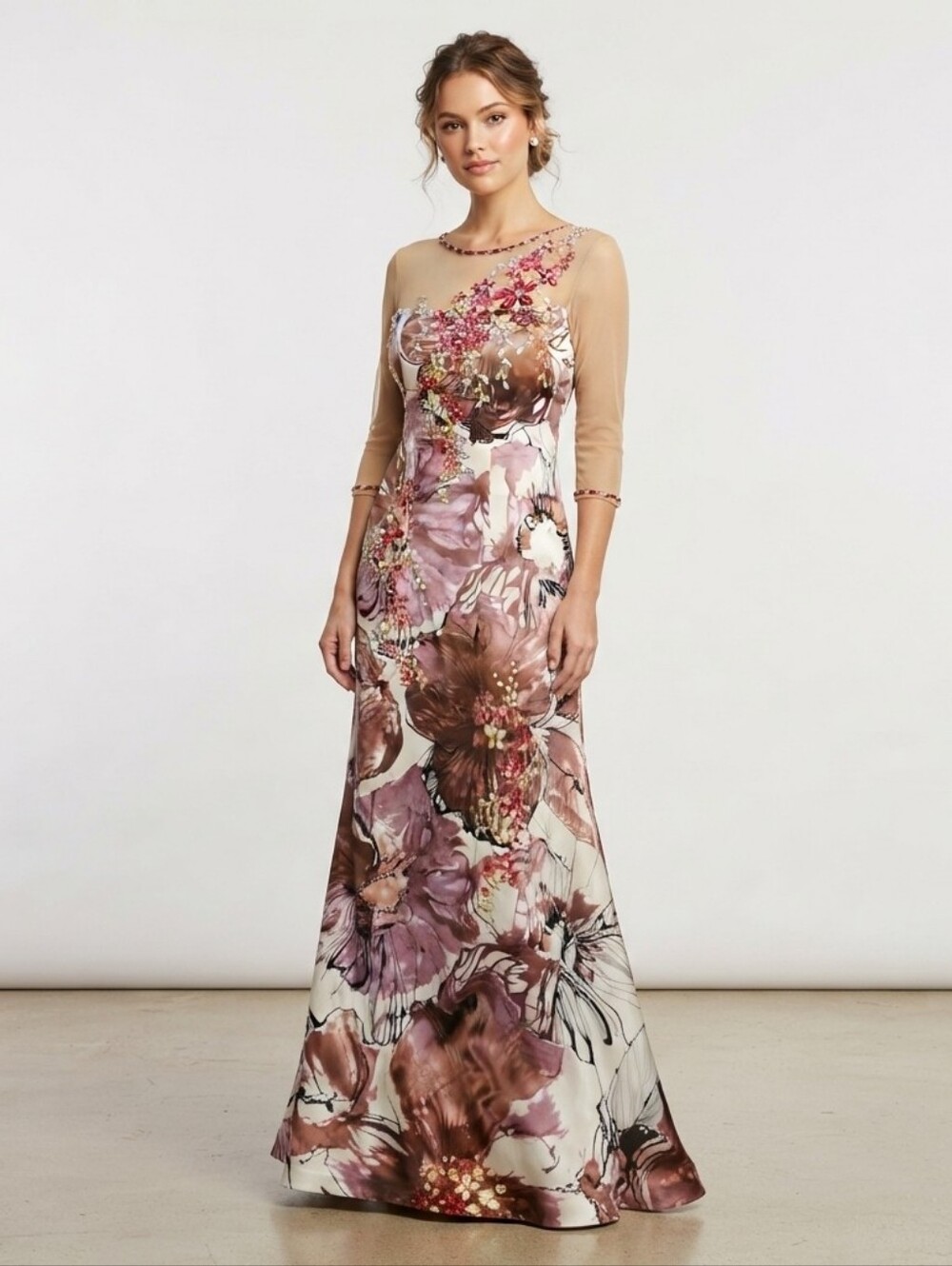 NWOT Custom Made Floral Print Embellished Illusion Neckline Gown Size 4/6